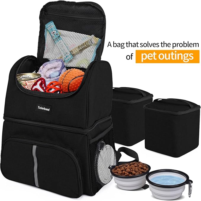 Txinrbaod Dog Travel Bag for Supplies with Food Container Bag Dog Travel Backpack for Hiking Overnight Camping Trip Black