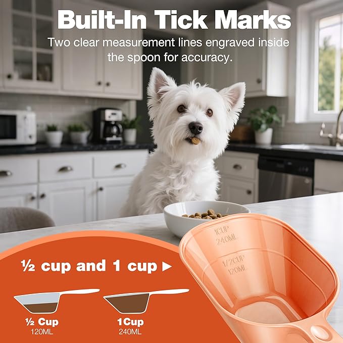 Fenenik Pet Food Scoop 2 Pack, Dog Cup Capacity Cat Food Scooper With Measuring Lines For Dog, Puppy and Cat Coffee Bean, Flour Scoop Orange