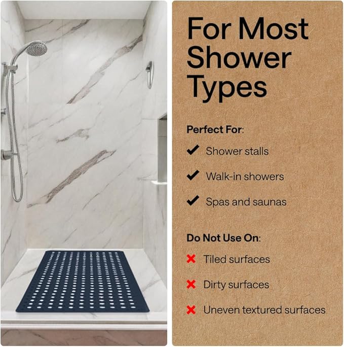 GORILLA GRIP Patented Square Shower Stall Mat, Small Bathtub Floor Mats for Stand Up Showers, Suction Cups and Drainage Holes, Machine Wash, Soft on Feet, Bathroom Accessories 21x21 Inch, Navy Opaque