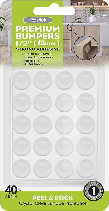 Slipstick Premium Cabinet Door Bumpers 1/2” Round Clear Adhesive Pads, Cabinet Stoppers, Rubber Bumpers for Drawers, Cupboards, Cutting Boards, Glass Tops, Picture Frames, Furniture, 40 Pcs Dampers