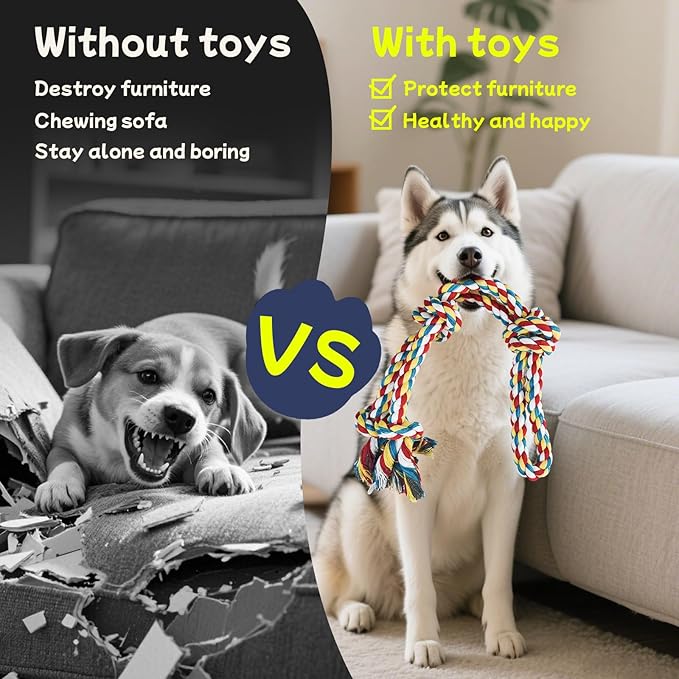 Rocfish [4 Pack Dog Rope Toys for Aggressive Chewers, Nearly Indestructible Tug of War Toys for All Dog Sizes, 100% Cotton Teeth Cleaning Chew Rope, Heavy Duty Tug Toy to Relieve Dog Boredom