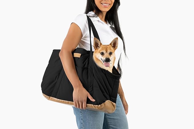 NoblePup Plush Dog Purse Carrier for Small Dogs, Soft Dog Tote Bag with Safety Harness Clip, Cozy Pet Carrier for Dogs Under 15 lbs, Comfortable Dog Shoulder Carrier for Travel, Black