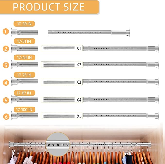 1.3 Inch Diameter Closet Rods for Hanging Clothes 17-64 Inch Adjustable, Metal Heavy Duty Closet Pole, Silver Closet Bar for Hanging Clothes, Suitable for Closet, Wardrobes, Bathroom, Windows