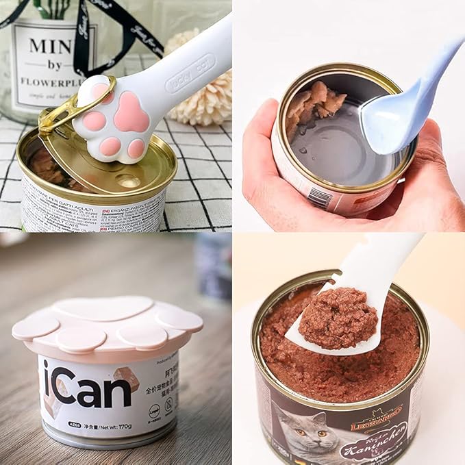 mwellewm 6Pcs Pet Food Can Supplies Set 2 Pcs Universal Silicone Can Covers Cat Can Lids 2Pcs Multifuctional Mini Spatula Pet Can Opener and 2Pcs Dog Spoons for Pets Dogs Cats Feeding Can