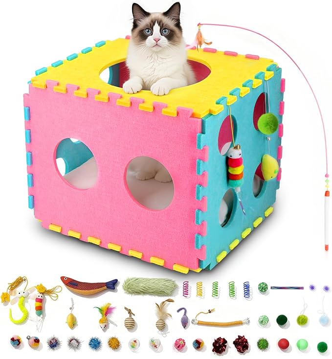41 Pcs Interactive Cat Toys for Indoor Cats, Kitten Toys with Cute Cat House Bed, Catnip Toys, Chew Rope, Feather Wand, Springs and Balls for Indoor Kittens