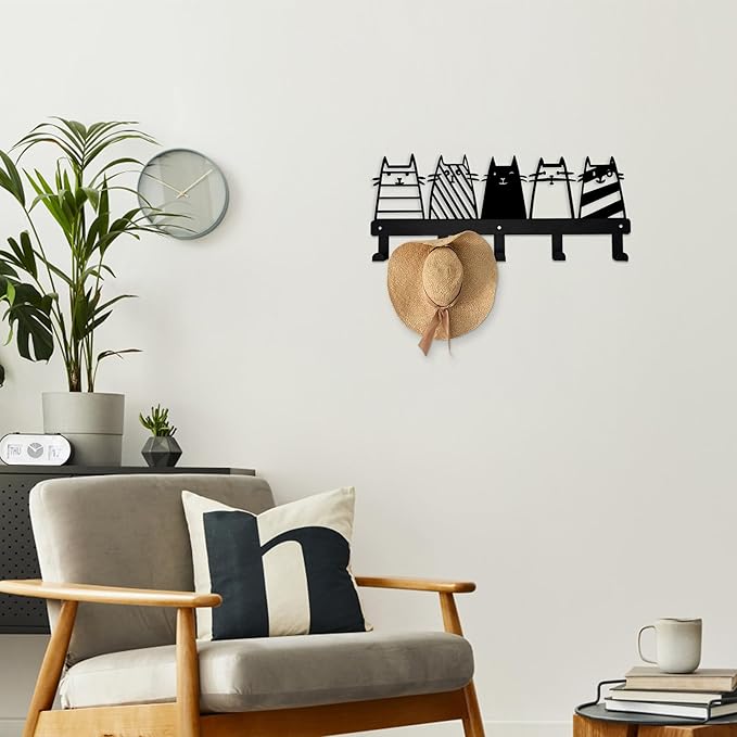 Aimery Metal Cat Coat Hooks Wall Art Decor – Chic Black Key Holder -Coat Hanger Wall Mount – Multipurpose Wall Hooks for Storage, Living Room, Hallway, Office (Black)
