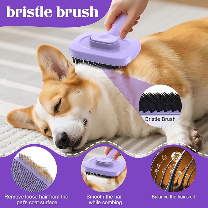 Self Cleaning Dog Brush for Shedding - Bristle Brush and Long/Short Needles Design, Skin Friendly, Slicker Deshedding Dog Brush, Hair Removal for Long & Short Haired Pets (Purple)