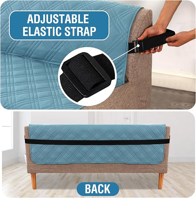 H.VERSAILTEX 100% Waterproof Futon Couch Cover Reversible Sofa Slipcovers Armless Daybed Cover Soft Thicken Sofa Bed Cover for Dog with Adjustable Elastic Strap Non-Slip, Smoke Blue/Beige