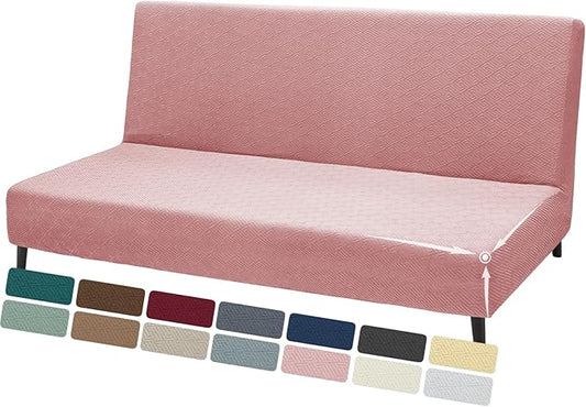 ZNSAYOTX Stretch Fit Futon Cover (67"-82") Armless Futon Sofa Bed Slipcover with Elastic Band, Universal Foldable Sofa Mattress Protector Full Queen Size, Washable Comfort Jacquard (Rose)