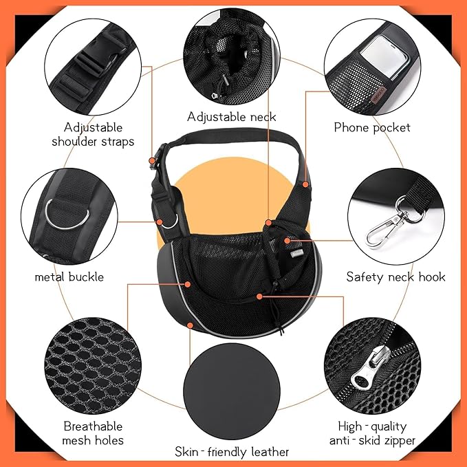 YUDODO Pet Sling Carrier for 2-5 lbs Small Dogs & Cats – Hands-Free Puppy Carrier with Safety Hook, Large Zipper Pocket, Soft Breathable Mesh, Adjustable Strap & Reflective Strip (Black 3.0 S)