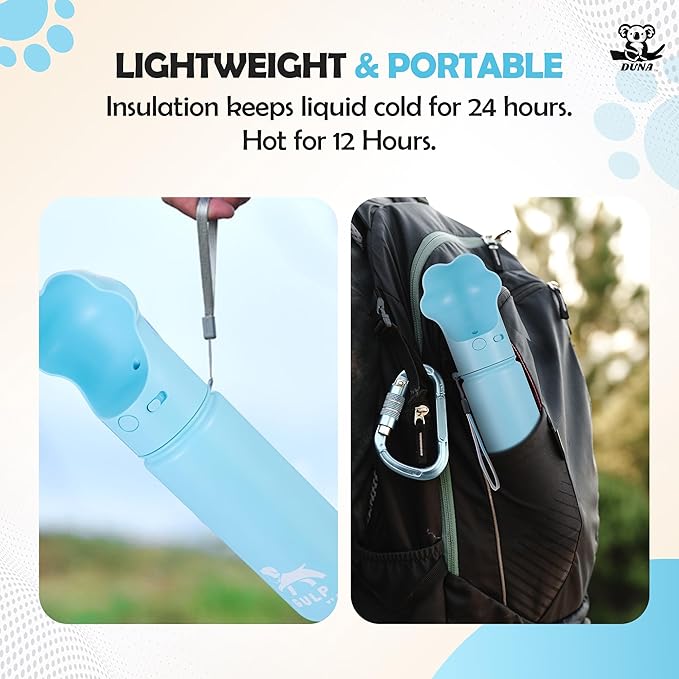 Gulp by Duna 18oz Dog Travel Water Bottle with Paw-Shaped Bowl – Insulated Stainless Steel, Leakproof & Portable with Carry Strap – Outdoor Walking, Hiking & Pet Hydration On-The-Go – Blue