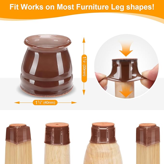 CHUNZEXI 24 Pack Chair Leg Floor Protectors for Hardwood Floors, Silicone Felt Covers Pads Caps, Protect Wood Furniture Feet Floors Noise Reduce and Scratch (Universal Large & Brown)