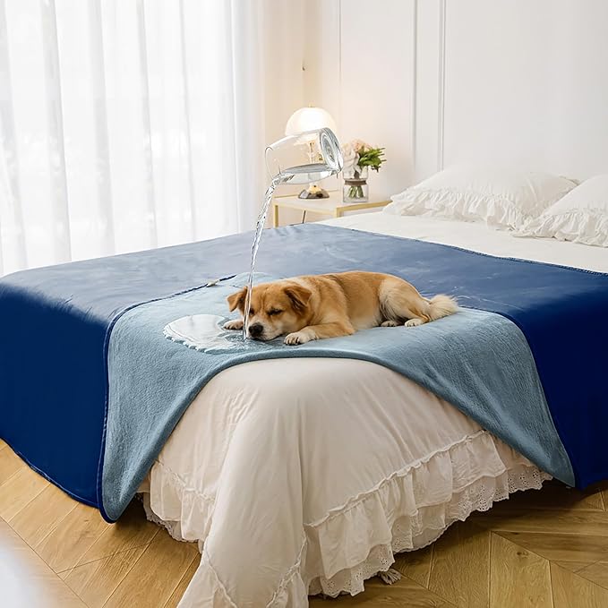 Tuffeel Waterproof Blanket for Bed, Leak Proof Dog Couch Blankets Reversible, Pet Throw Sofa Furniture Protector Machine Washable-82 x120,Navy Blue+Stone Blue