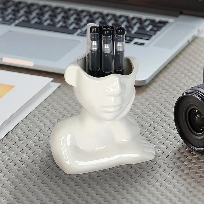 Ceramic Face Pen Holder Organizer, Female Form Face Pen Tools Storage Cup for Desk Accessories, Compact Pencil Holder for Desktop, Living Room, School, Home and Office Decor