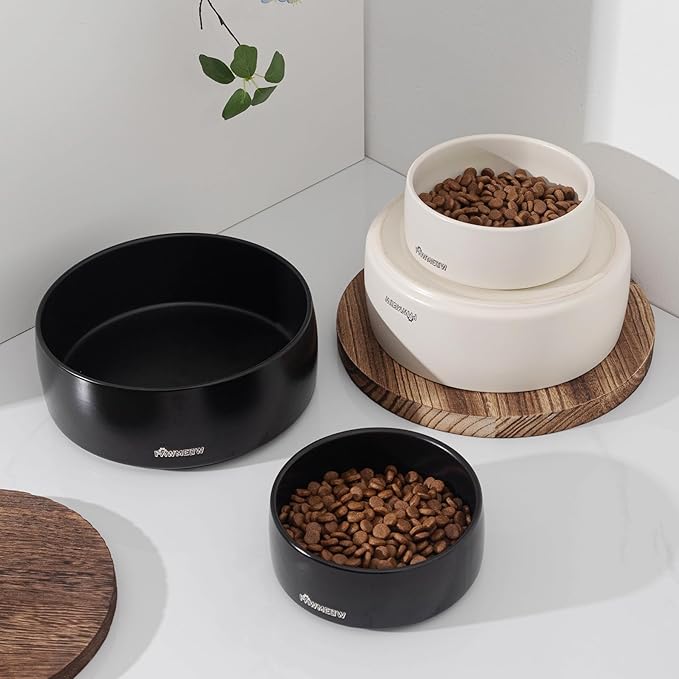 Ceramic Dog Bowl - 2 Piece Modern Pet Feeding Bowl, Spill Resistant, Heavy Duty for Small & Large Dogs (Beige, 5.5-8inch)