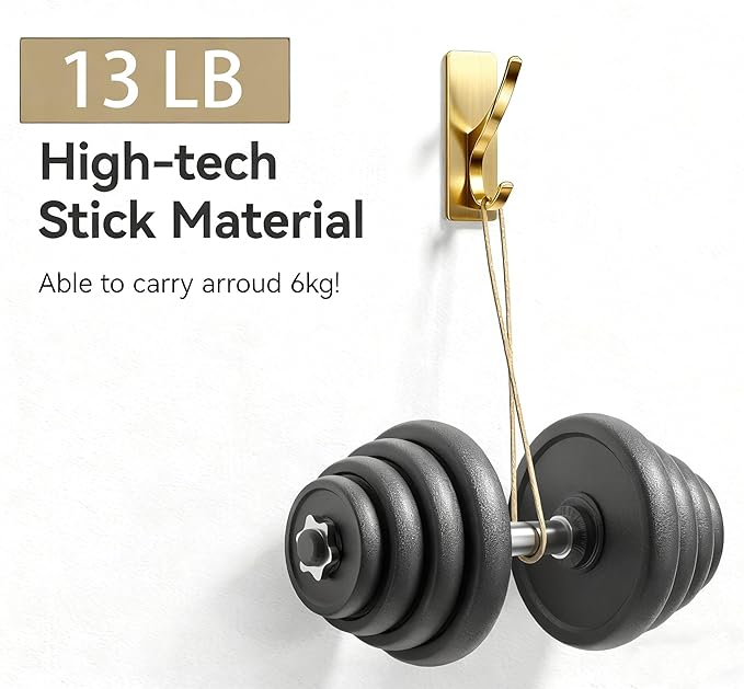 pickpiff Self Adhesive Coat Hooks for Hanging: Heavy Duty Stainless Wall Hook for Towel, Utensil, Backpack, Hat, Sturdy Metal Hanger for Bathroom, Kitchen, Door, 4-Pack, Brushed Gold