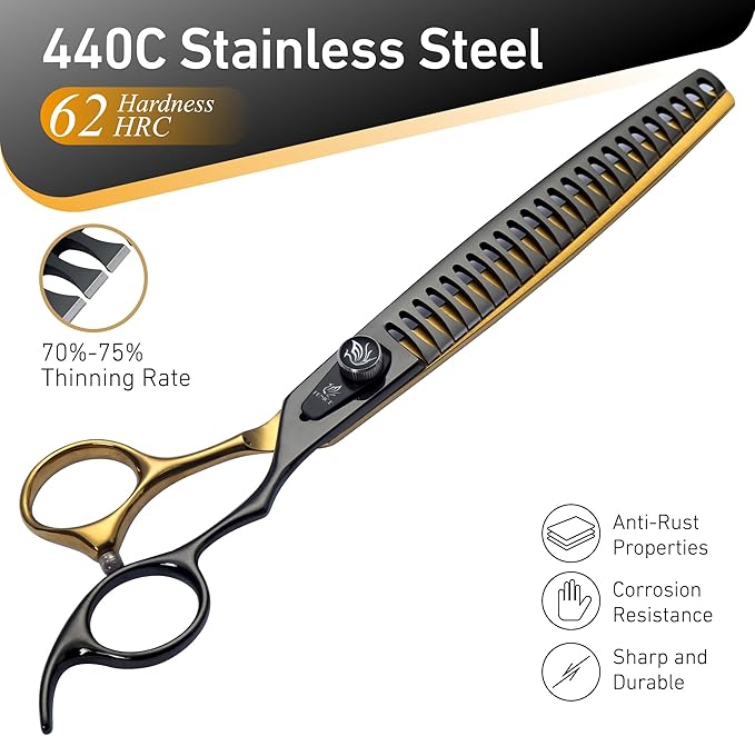 Fenice Peak 7'' Black Dog Grooming Scissors Goldern Chunker Dog Blending Scissors with Ergonomic Offest Handle and Pattern Screw Pet Grooming Thinner Blender Shears Durable and Sharp 440C