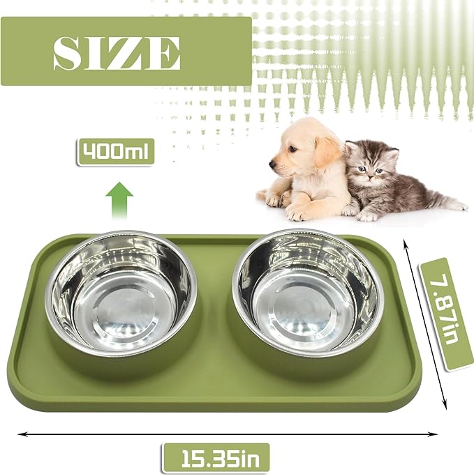 MUYG Double Dog Food Bowls Stainless Steel with No Spill Non Skid Silicone Mat Removable Dog Water and Food Bowls Set Durable Feeding for Small Dogs Puppy Cat Kitten(Green)