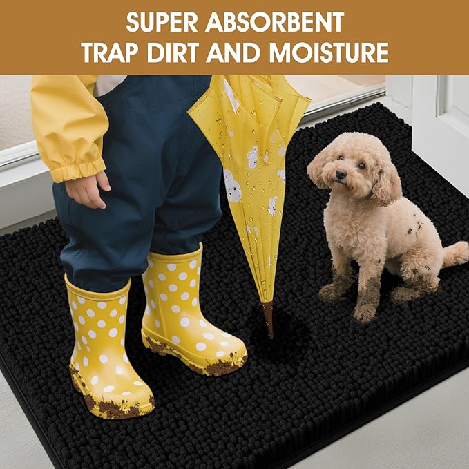IM HOME Dog Door Mats for Muddy Paws, 30" X 20" Chenille Absorbent Doormat, Non Slip Heavy Dog Rugs for Muddy Paws, Soft Indoor Door Mat for Entryway, Mud Paw, Inside Floor, Black