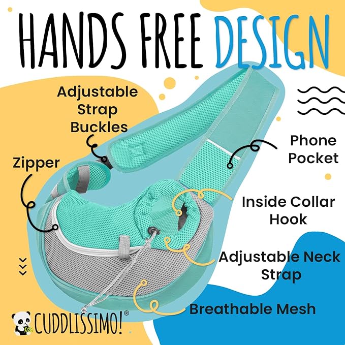 Cuddlissimo! Pet Sling Carrier - Small Dog Puppy Cat Carrying Bag Purse Pouch - For Pooch Doggy Doggie Yorkie Chihuahua Baby Papoose Bjorn - Travel Front Backpack Chest Body Holder Pack To Wear (Teal)
