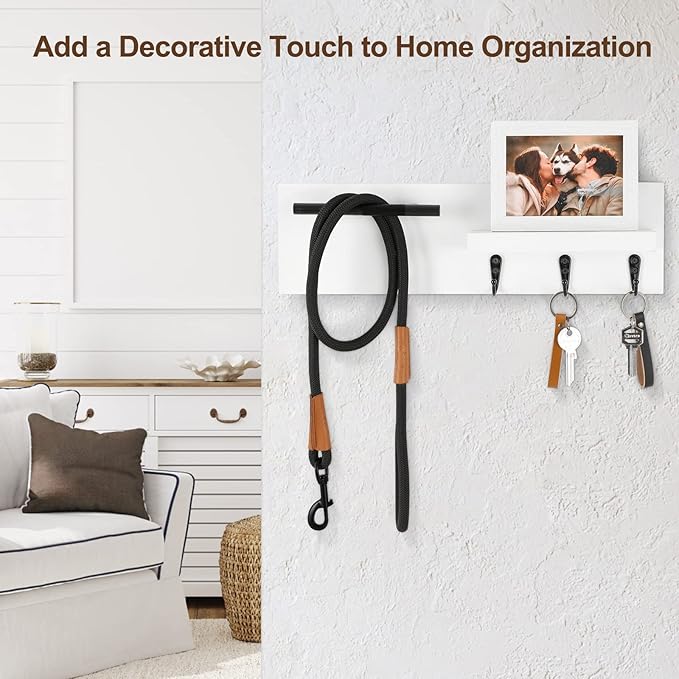 Lucundm Key Holder for Wall, Decorative Entryway Shelf with Hooks Holds Keys, Dog Leash, Sunglasses – Key Hanger with 3 Hooks Organizes, Enhances Home Decor (15” x 4.5” x 2.6”) (White)