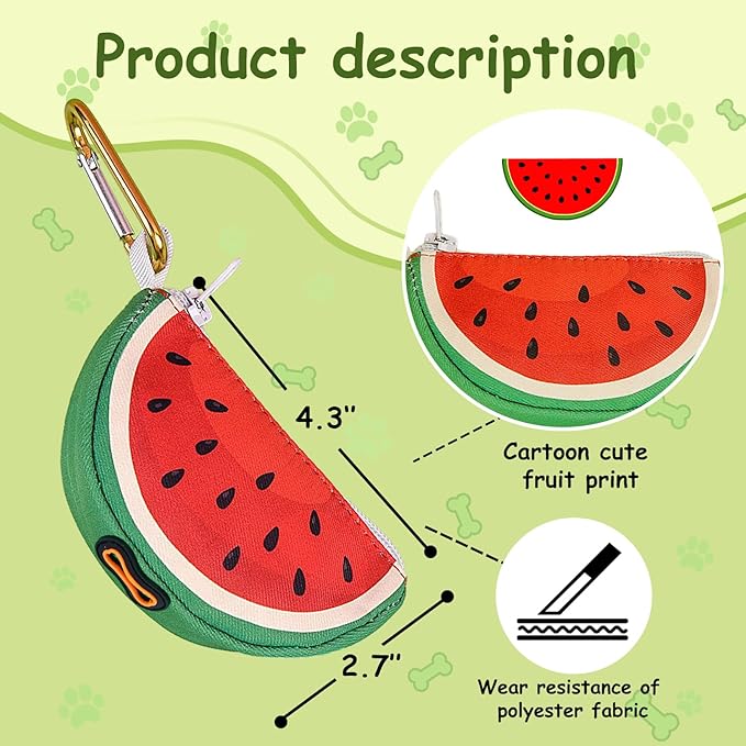 Convenient Dog Poop Bag Holder Leash Attachment with Zipper Case for Potty Bags - Trash Bag Carrier Accessory Dispenser for Poo Bags,Watermelon,Medium