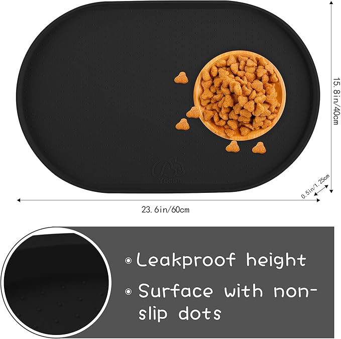 100% Waterproof 0.5" Raised Edge BPA Free Silicone Dog Food Mat, Pet Cat Feeding Mats Contain Spills Protects Floors, Placemats for Cats and Dogs Water Bowl Dishwasher. (Large/XL, Black)