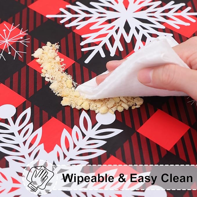 misaya Rectangle Vinyl Tablecloth, Fitted Table Cover, Waterproof, Elastic Edge, Flannel Backing, Plastic Table Cloth Fit 6 Foot Folding Tables for Christmas Dinner (Buffalo Snowflakes, 30x72 inch)