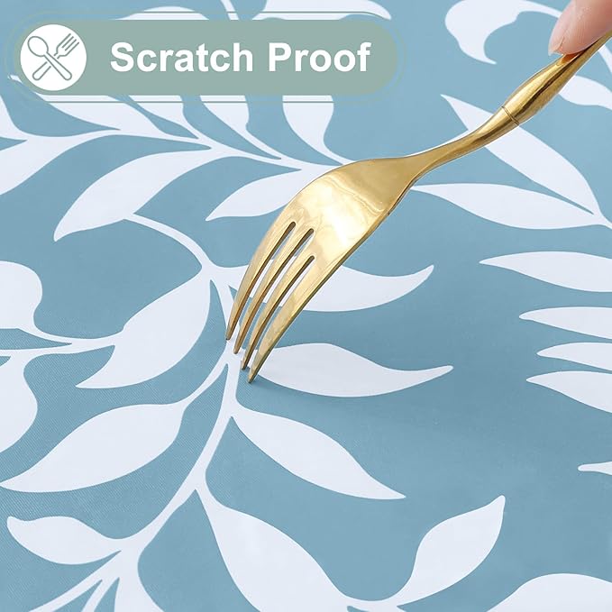 misaya Rectangle Waterproof Vinyl Table Cloth, Wipeable Tablecloth with Flannel Backing, Plastic Table Cover for Dinner, Picnic, Indoor and Outdoor (Blue Leaves, 60" x 102")