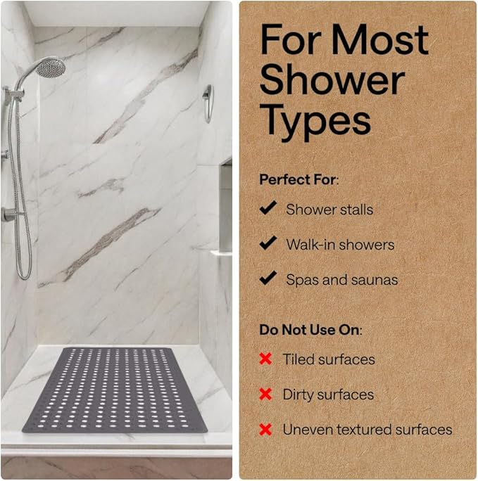 GORILLA GRIP Patented Square Shower Stall Mat, Small Bathtub Floor Mats for Stand Up Showers, Suction Cups and Drain Holes, Machine Wash, Soft on Feet, Bathroom Accessories 21x21 Inch, Charcoal Opaque
