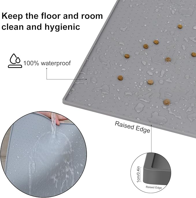 Premium Silicone Dog Food Mat,Dog Bowl mat, Pet Food pad- Anti-Slip Pet Food Mat for Dogs and Cats - Waterproof and Easy to Clean Gray -24 * 16IN