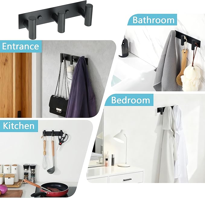 Alise Black Coat Hooks Hat and Coat Rack with 3 Hooks Wall Mount Key Hooks for Robes, Bags, Keys, and Towels,SUS304 Stainless Steel Wall Hooks for Hanging,Self Adhesive or Drilling Mounted