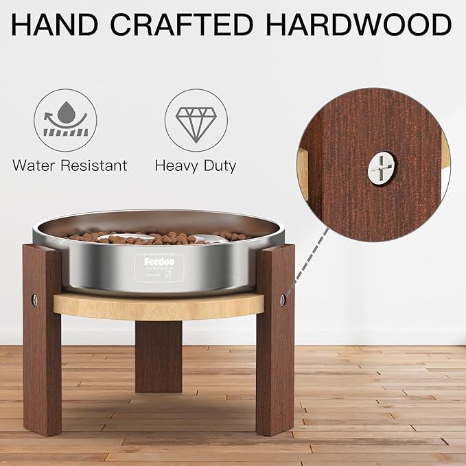 Feedoo Elevated Dog Bowl Stand, 6 Inch Height Raised Stand for Medium&Small Dogs, Includes 2Cups Stainless Steel Slow Feeder Dog Bowl, Durable Solid Hardwood