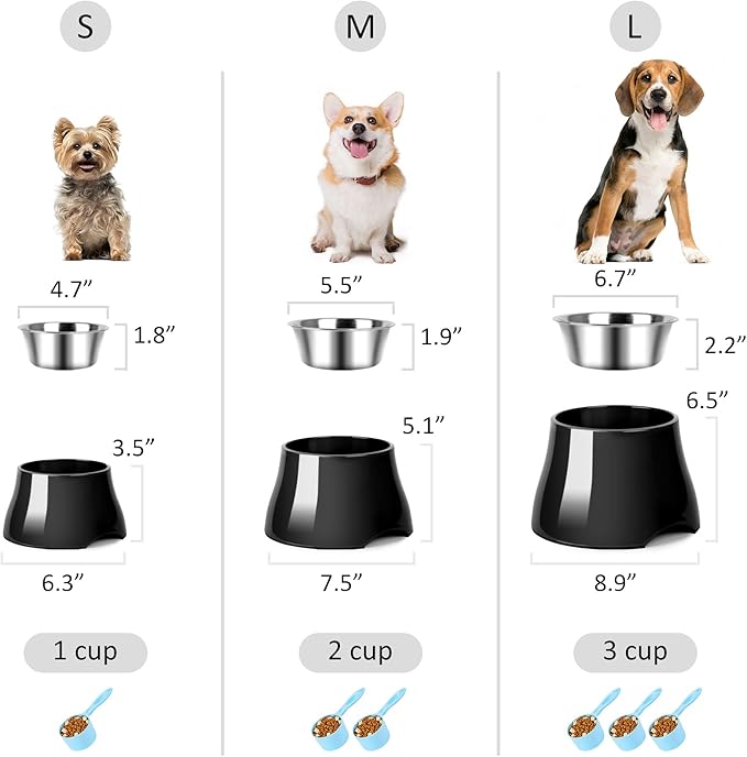 Dog Bowls,Cone Friendly Non Slip Single Dog Bowl with Stainless Steel Inner, Raised Bowls for Small Dogs Spaniel Dogs Long Ear, High Capacity, S/1 Cup Black