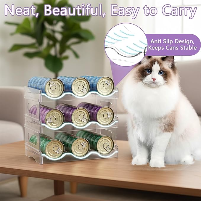 Mowhut Cat Food Can Organizer, Can Organizer for Pantry, 3-Tier Cat Food Storage Container, Acrylic, Holds 45 (3oz) Cans, Kitchen Organizers and Storage for Countertop, Clear