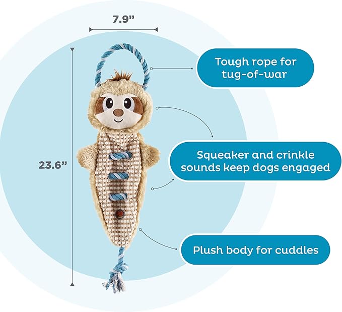 Outward Hound by Charming Pet Ropiez Rope Interactive Dog Tug Toy for Tugging Squeaky Fun, Sloth, Brown