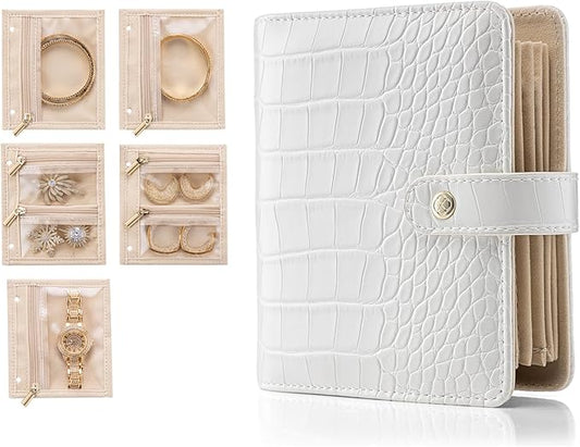 Vlando Small Jewelry Book Organizer - Leather Travel Jewelry Case with 5 Detachable Pages, Multi Zipped Pockets for Necklaces Rings, Earrings, Tangle-Free, Croco White
