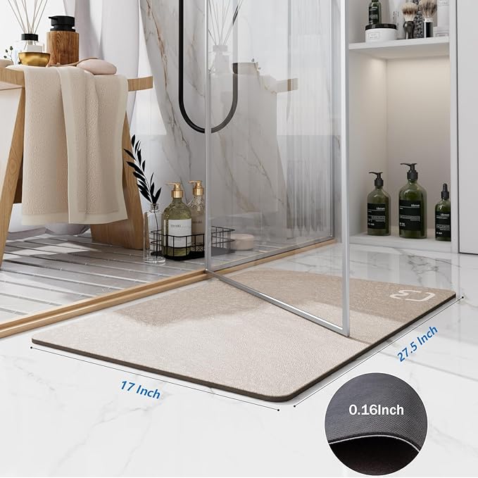Diatomaceous Earth Bath Mat Super Absorbent Non Slip Fast Drying Shower Rug Stone Bath Mat for Bathroom Thin Bathroom Floor Mats Fit Under Door, Machine Washable, 17" x 27.5", Taupe
