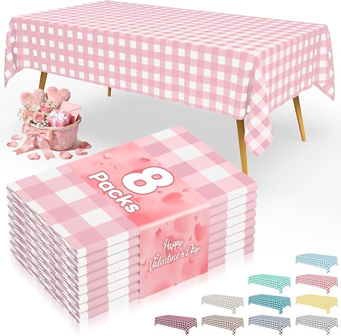 Smiry 8 Packs Gingham Disposable Table Cloth, 54 x 108 Inch Waterproof Plastic Tablecloth, Rectangle Pink and White Checkered Table Covers for Party, Birthday, Picnic, Valentines