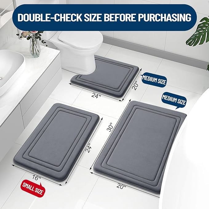 Grandaily Memory Foam Bath Mat Rug 30x20, Ultra Soft, Non-Slip and Absorbent Bathroom Rugs, Machine Wash Dry, Comfortable Bath Carpet for Bathroom Floor, Tub and Shower, Dark Grey