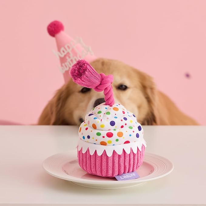 LE SURE Dog Birthday Cake Toy - Cute Dog Birthday Cake Squeaky Toy with Interactive Tug Rope, Interactive Chew Toy for Puppy Birthdays Party & Daily Play, XSmall, Pink
