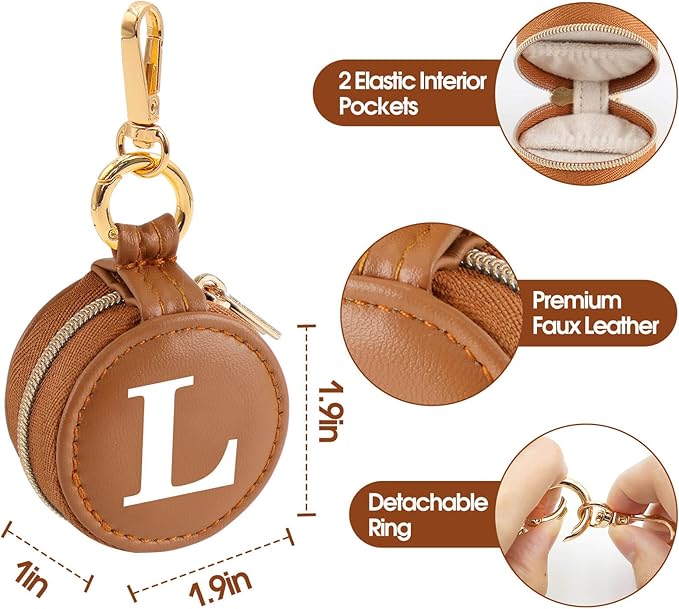 Mini Initial Travel Jewelry Case Ring Holder, Brown Faux Leather Small Jewelry Organizer Box Gifts for Women Girls Nurse Teacher, Gym Travel Accessories Keychain Pouch for Earrings Rings Necklace L