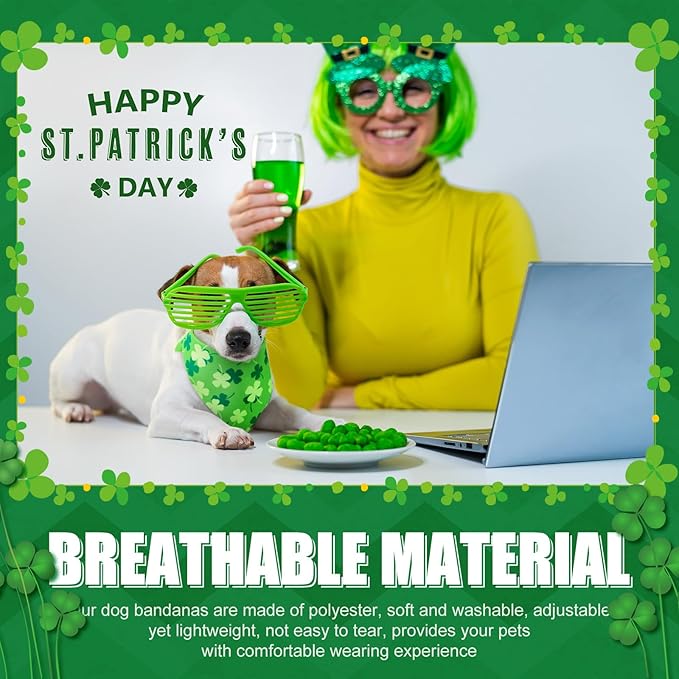 50 Pieces St. Patricks Day Dog Bandanas Bulk Shamrock Dog Bandanas for Dogs Green Soft Dog Bandana Bibs Adjustable Triangle Dog Bandana for Small Medium Large Dog Cat (25.6 x 17.7 x 17.7)