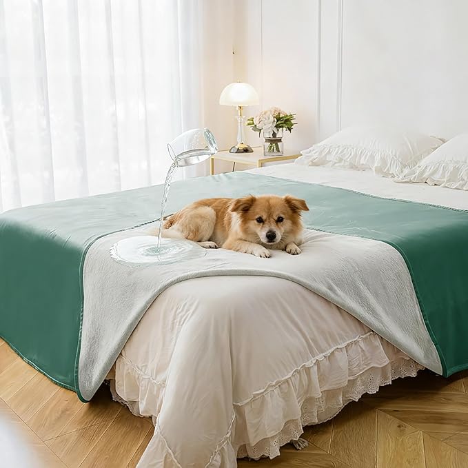 Tuffeel Waterproof Blanket for Bed King Size, Leak Proof Dog Couch Blankets Reversible, Pet Throw Sofa Furniture Protector Machine Washable-82 x108,Green+Cream