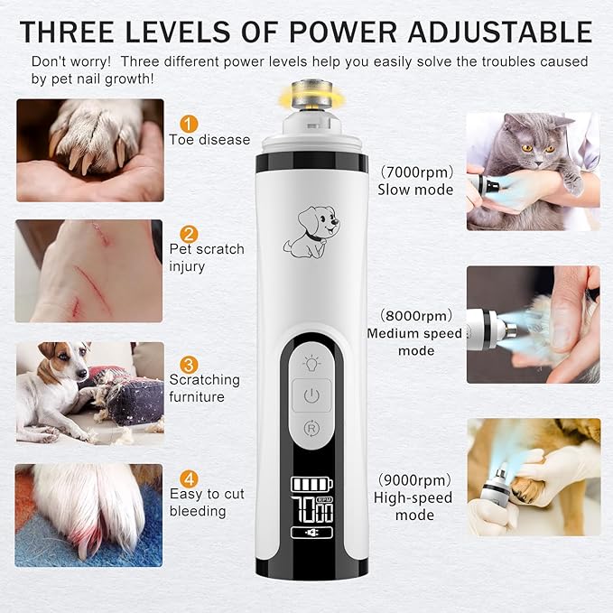 New Upgraded Silent Dog Nail Grinder, Cordless Grooming Pro Nail Grinder with 3 Adjustable Speeds &Dual Led Light, Painless Paws Grooming for Small Medium Large Dogs & Cats (M5)