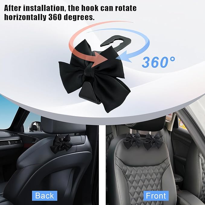 2 PCS Car Seat Headrest Hooks, Cute Bow Purse Hook Hanger for Car Headrest, Universal Purse Holder for Umbrella, Storage Bag, Coat (Black)