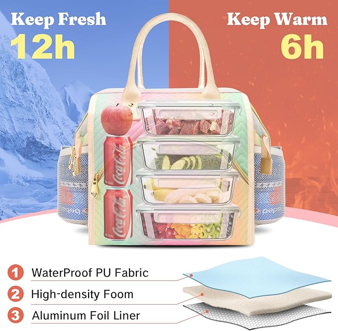 Lunch Bag Women Insulated Lunch Box Wide-Open Lunch Tote Bag Large Drinks Holder Durable Nylon Thermal Snacks Organizer for Men Adults Work Picnic Hiking Beach Fishing, Black Wavy