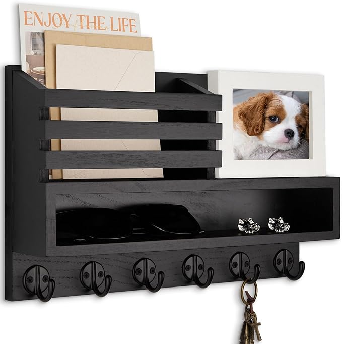 Lucundm Key and Mail Holder Wall Mount, Key Hanger with Long Storage Box and Key Hooks for Coat, Dog Leash, Home Decor Rack, House Accessories, Entry Way Organizer