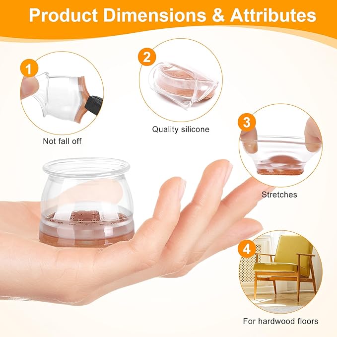 CHUNZEXI 36 Pack Chair Leg Floor Protectors for Hardwood Floors, Silicone Felt Covers Pads Caps, Protect Wood Furniture Feet Floors Noise Reduce and Scratch (Universal Large & Clear)