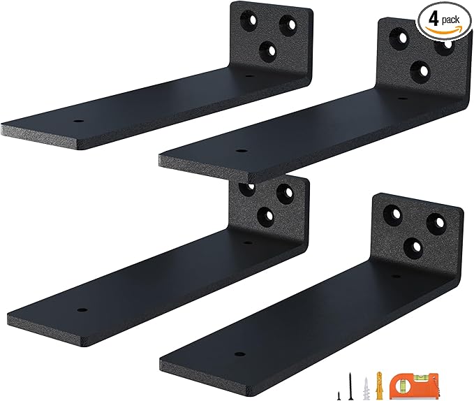 4-Pack 4 Inch Floating Shelf Brackets, Heavy Duty Hidden Shelves Bracket for Kitchen, Nursery, Black Powder Coated Steel